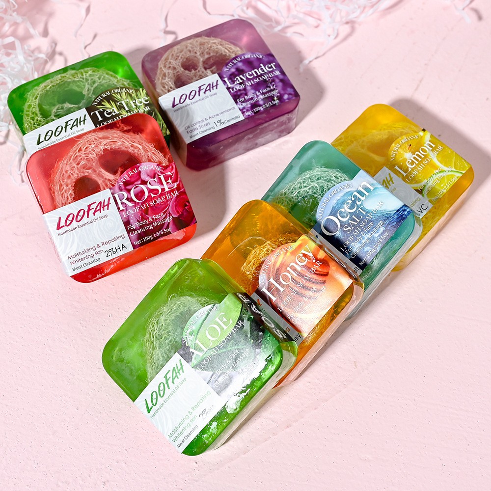 Essential Oil Soap - สบู่โคจิกแอซิดทำมือพร้อมใยบวบ 100 กรัม กลิ่นเลมอน ลาเวนเดอร์ กุหลาบ