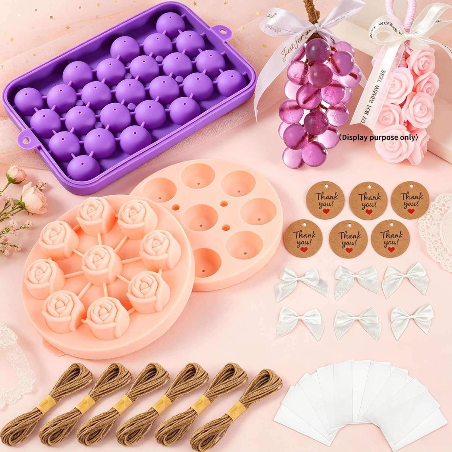 Soap Making Kit For Adults - ชุดทำสบู่ DIY พร้อมแม่พิมพ์ซิลิโคนรูปดอกกุหลาบและองุ่น ชุดงานฝีมือแบบหล่อและเท พร้อมถุงของขวัญและป้ายแท็กสำหรับผู้ใหญ่และเด็ก